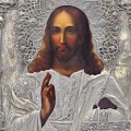 Veche icoană "Iisus Pantocrator" în tempera pe lemn cu ferecătură în argint | școala rusească - Moscova cca.1857