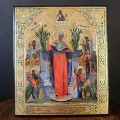 Veche icoană Maica Domnului „Bucuria tuturor celor necăjiți” (cu monede), tempera pe lemn | școala rusească cca. 1890 - 1905