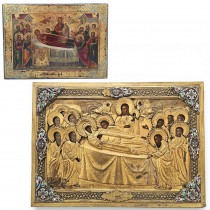 Veche icoană „Adormirea Maicii Domnului”, tempera pe lemn cu ferecătură din metal aurit și emailat | școala rusească - sec XIX 