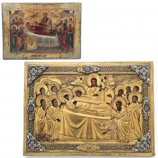 Veche icoană „Adormirea Maicii Domnului”, tempera pe lemn cu ferecătură din metal aurit și emailat | școala rusească - sec XIX 