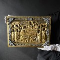 Veche icoană „Adormirea Maicii Domnului”, tempera pe lemn cu ferecătură din metal aurit și emailat | școala rusească - sec XIX 
