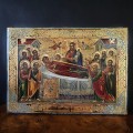 Veche icoană „Adormirea Maicii Domnului”, tempera pe lemn cu ferecătură din metal aurit și emailat | școala rusească - sec XIX 