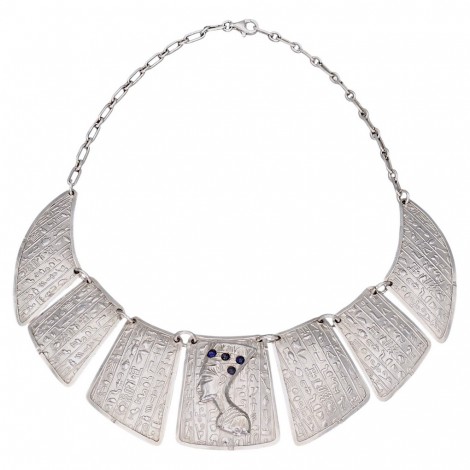 Colier statement Egyptian Revival Nefertiti din argint masiv cu incrustații de lapis lazuli natural | atelier egiptean cca. 1970 