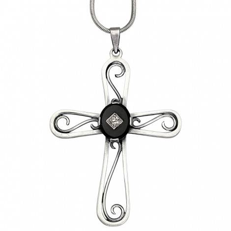 Colier din argint accesorizat cu pandant scandinav Cruce de perioadă Art Deco decorată cu onix natural și "paste stone" | atelier Hans Jensen - Danemarca cca. 1930 