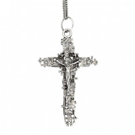 Colier sautoir din argint cu un impunător crucifix pectoral elaborat în manieră modernistă, specifică esteticii mid-century | Germania cca. 1960