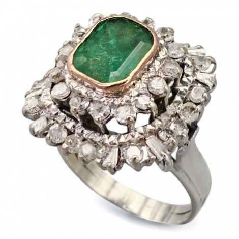Inel cocktail în manieră Art Deco din aur 10k decorat cu diamante și smarald natural | cca. 1950