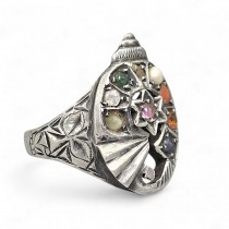 Inel amuletic hindus Shankha manufacturat în argint decorat cu pietre naturale Navaratna | India 