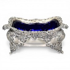 Centru de masă - legumieră din argint în manieră neo-rococo, cu vas din sticlă cobalt | atelier De Giovanni - Milano cca. 1950