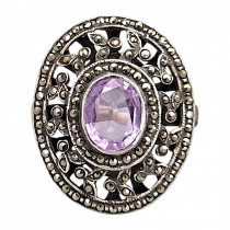 Inel cocktail în manieră Art Deco din argint decorat cu ametist natural și incrustații de marcasite | cca. 1970