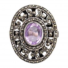 Inel cocktail în manieră Art Deco din argint decorat cu ametist natural și incrustații de marcasite | cca. 1970