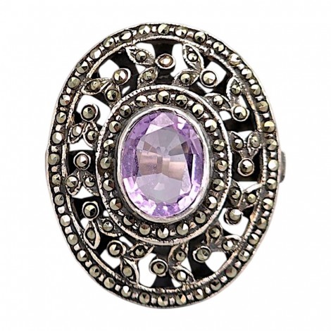 Inel cocktail în manieră Art Deco din argint decorat cu ametist natural și incrustații de marcasite | cca. 1970