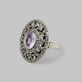 Inel cocktail în manieră Art Deco din argint decorat cu ametist natural și incrustații de marcasite | cca. 1970