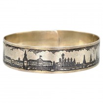 Brățară cuff manufacturată în argint aurit, decorată în tehnica niello cu vedute ale Kremlinului | artel sovietic - Moscova cca. 1960 - 1970