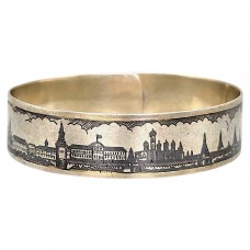Brățară cuff manufacturată în argint aurit, decorată în tehnica niello cu vedute ale Kremlinului | artel sovietic - Moscova cca. 1960 - 1970