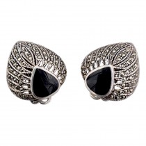 Cercei statement clip-on în manieră Art Deco din argint, onix negru & incrustații de marcasite | cca. 1970