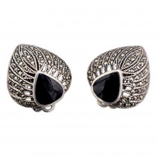 Cercei statement clip-on în manieră Art Deco din argint, onix negru & incrustații de marcasite | cca. 1970