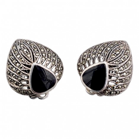 Cercei statement clip-on în manieră Art Deco din argint, onix negru & incrustații de marcasite | cca. 1970