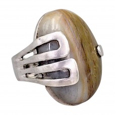 Inel statement modernist de perioadă mid-century manufacturat în argint și agat dendritic natural | cca. 1970