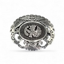 Broșă - pandant statement peruviană Inca Revival din argint decorat cu motive iconografie precolumbiene | 1970 - 1990