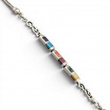 Rafinată brățară modernistă peruviană din argint, decorată cu intarsii de pietre naturale | preloved