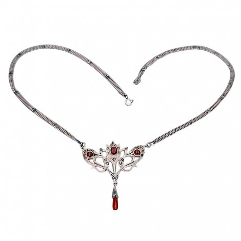 Rafinat colier vintage Art Nouveau Revival din argint decorat cu anturaje de carneol natural și incrustații de marcasite | cca. 1960 - 1970