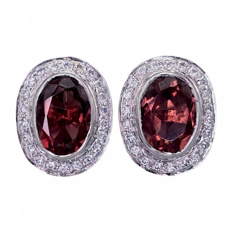 Eleganți cercei cocktail din argint rodiat, decorați cu remarcabile spinele de sinteză în nuanță burgundy-rodie și incrustații de cristale cz | preloved