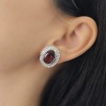 Eleganți cercei cocktail din argint rodiat, decorați cu remarcabile spinele de sinteză în nuanță burgundy-rodie și incrustații de cristale cz | preloved