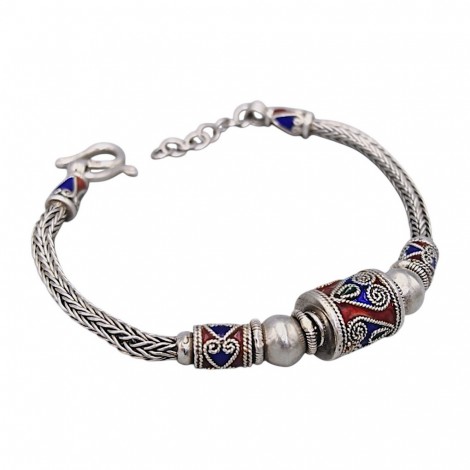 Brățară Ethic Revival thailandeză manufacturată în argint și email cloisonné | Chiang Mai | new old stock