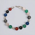 Brățară Tutti Frutti din argint cu pietre naturale: calcedonie verde și albastră, cuarț roz, onix negru, hematit și carneol | new old stock