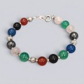 Brățară Tutti Frutti din argint cu pietre naturale: calcedonie verde și albastră, cuarț roz, onix negru, hematit și carneol | new old stock