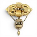 Brosă victoriană în stil Etruscan Revival din aur 14K decorată cu smaralde și perle naturale de apă sărată | cca. 1870