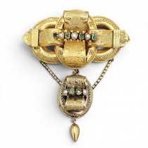 Brosă victoriană în stil Etruscan Revival din aur 14K decorată cu smaralde și perle naturale de apă sărată | cca. 1870