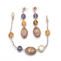 Remarcabil set de bijuterii Summer Vibes din argint placat cu aur roz decorat cu anturaje de cuarț galben lodolit, ametiste și perlă naturală baroc | atelier Luiber - Arezzo 