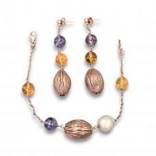 Remarcabil set de bijuterii Summer Vibes din argint placat cu aur roz decorat cu anturaje de cuarț galben lodolit, ametiste și perlă naturală baroc | atelier Luiber - Arezzo 