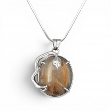 Colier sautoir din argint accesorizat pandant statement decorat cu un remarcabil cabochon de cuarț rutilat natural | cca. 1990