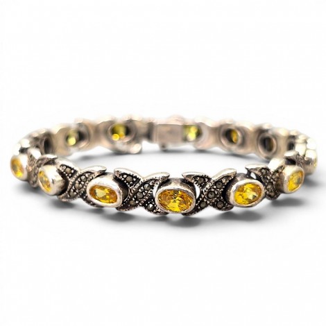 Brățară vintage în manieră Art Deco din argint decorată cu citrine și incrustații de marcasite | cca. 1960 - 1970