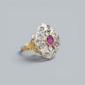  Rafinat inel Belle Epoque manufacturat în aur de 18K și argint, decorat cu rubin natural și diamante naturale | cca. 1890 - 1915
