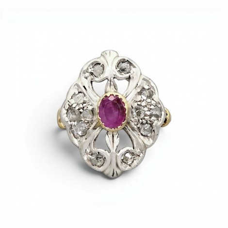  Rafinat inel Belle Epoque manufacturat în aur de 18K și argint, decorat cu rubin natural și diamante naturale | cca. 1890 - 1915