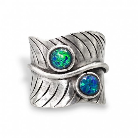 Inel statement mexican manufacturat în argint, decorat cu două caboșoane de opal natural în montură triplet | atelier Taxco | cca. 1990 - 2000