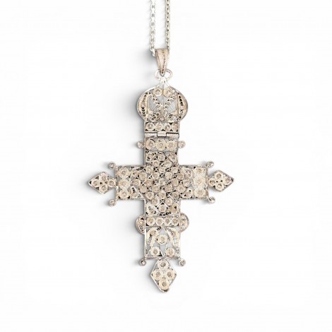 Colier din argint accesorizat cu o veche Cruce Coptă pectorală, manufacturată în argint filigranat și granulat | Etiopia / Eritreea - prima jumătate a sec. XX