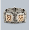 Veche brățară statement „ Rhodos Heritage ”, manufacturată în argint, decorată cu marcasite și panouri laminate cu aur rosé | Grecia - atelier Rhodos | cca. 1920 - 1930
