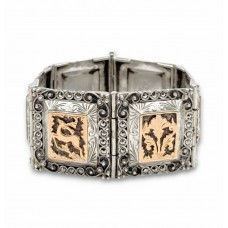 Veche brățară statement „ Rhodos Heritage ”, manufacturată în argint, decorată cu marcasite și panouri laminate cu aur rosé | Grecia - atelier Rhodos | cca. 1920 - 1930