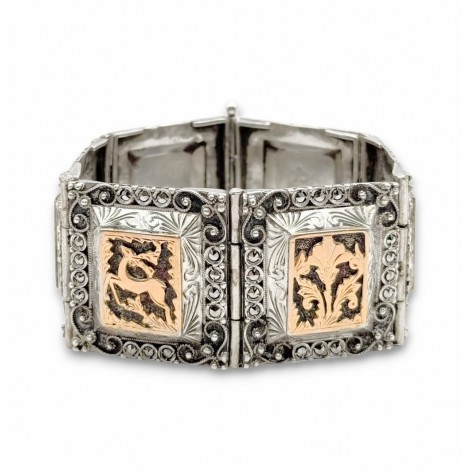 Veche brățară statement „ Rhodos Heritage ”, manufacturată în argint, decorată cu marcasite și panouri laminate cu aur rosé | Grecia - atelier Rhodos | cca. 1920 - 1930
