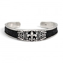 Bratără cuff unisex din argint cu piele naturală de pisică de mare, decorată cu simbolul nobiliar Fleur De Lys | preloved 2020's