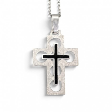 Colier din argint accesorizat cu pandant statement Latin Cross de perioadă mid-century din argint și email | atelier Arezzo cca. 1960 - 1970 