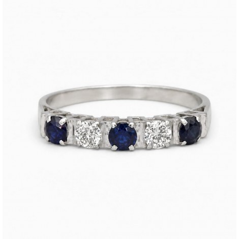 Rafinat inel vintage "Classic Five-Stone" din aur alb 18k cu diamante și safire naturale | cca. 1970
