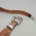 Curea Western Ranger din piele naturală cu monturi din argint sterling și aplicații din aur de 14k | atelier Vogt Silversmiths -  Statele Unite cca. 1990 - 2000