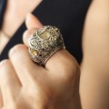 Impresionant inel cocktail Mughal Revival manufacturat în aur 14k și argint cu diamante naturale 5.54 CT | cca. 1970 - 1980