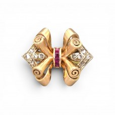 Remarcabil inel retro „Bow” manufacturat în aur 18k și 12k cu rubine și diamante naturale | atelier Napoli cca. 1945 - 1955 