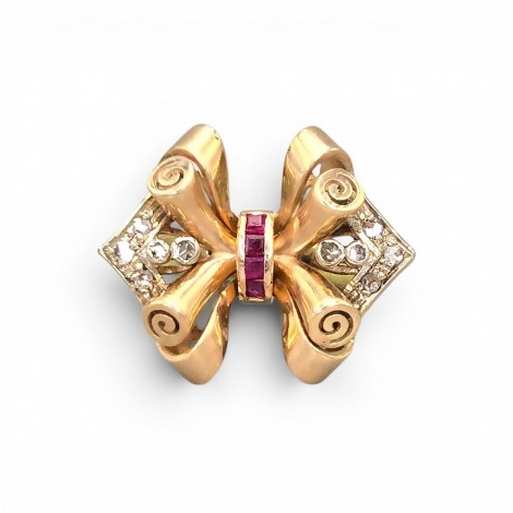Remarcabil inel retro „Bow” manufacturat în aur 18k și 12k cu rubine și diamante naturale | atelier Napoli cca. 1945 - 1955 